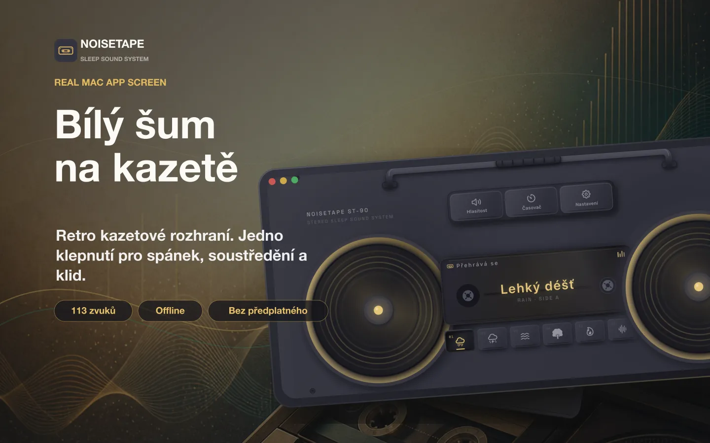 NoiseTape pro Mac — retro kazetový boombox na ploše hraje bílý šum Lehký déšť