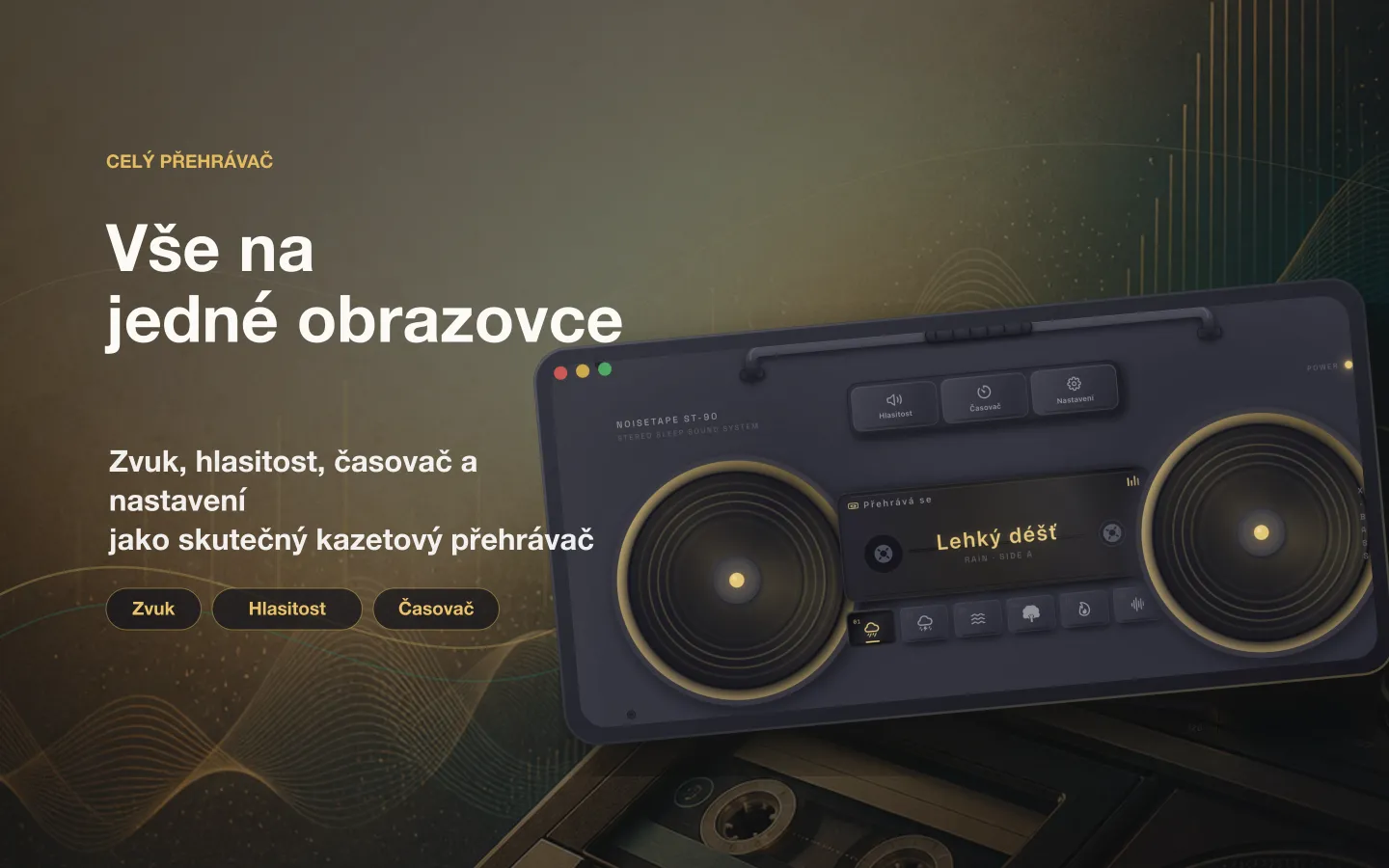 Okno přehrávače NoiseTape na Macu — zvuk, hlasitost, časovač spánku a nastavení rozložené jako na skutečném kazetovém magnetofonu