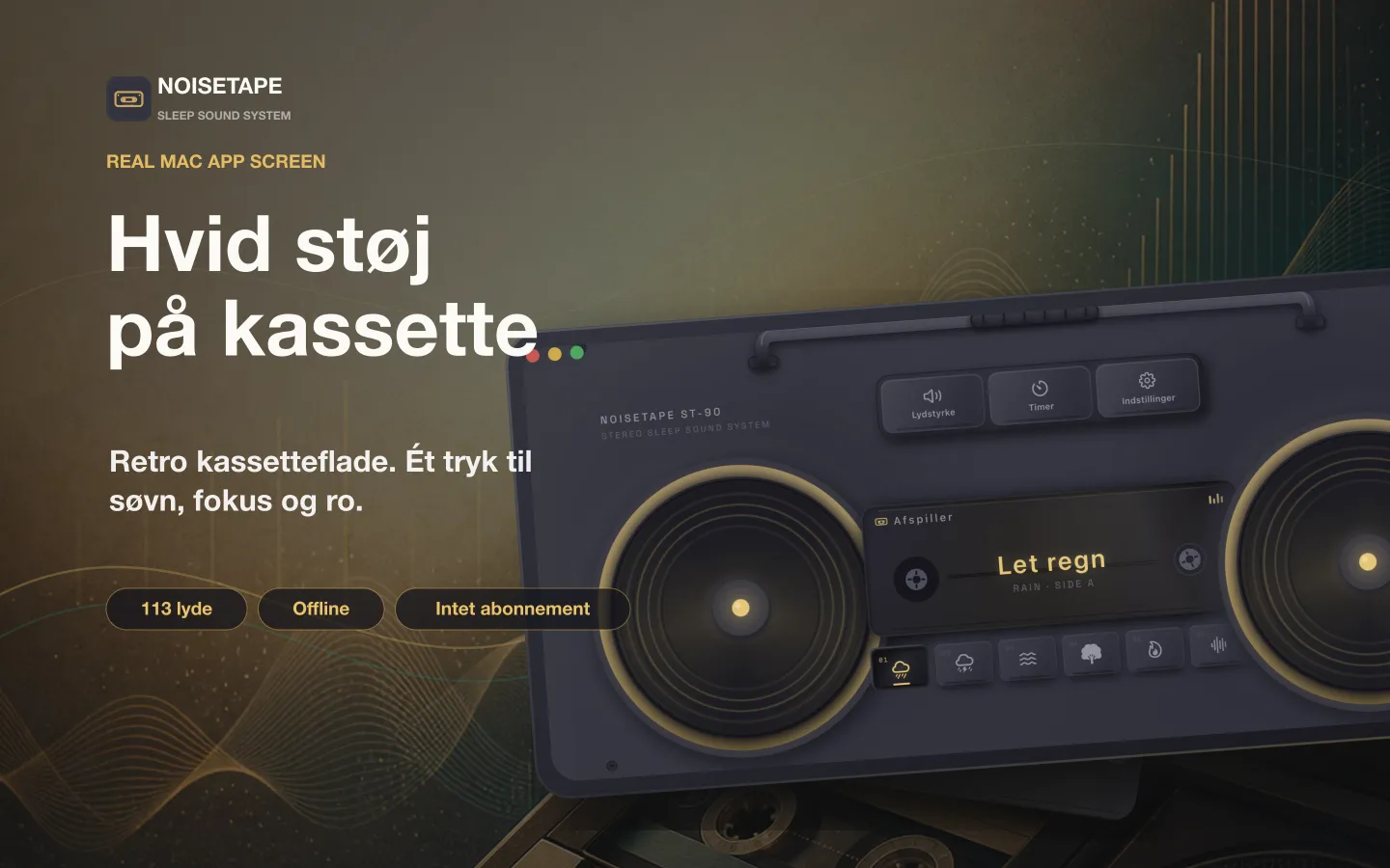 NoiseTape til Mac — en retro kassetteboombox på skrivebordet, der spiller den hvide støj Let regn