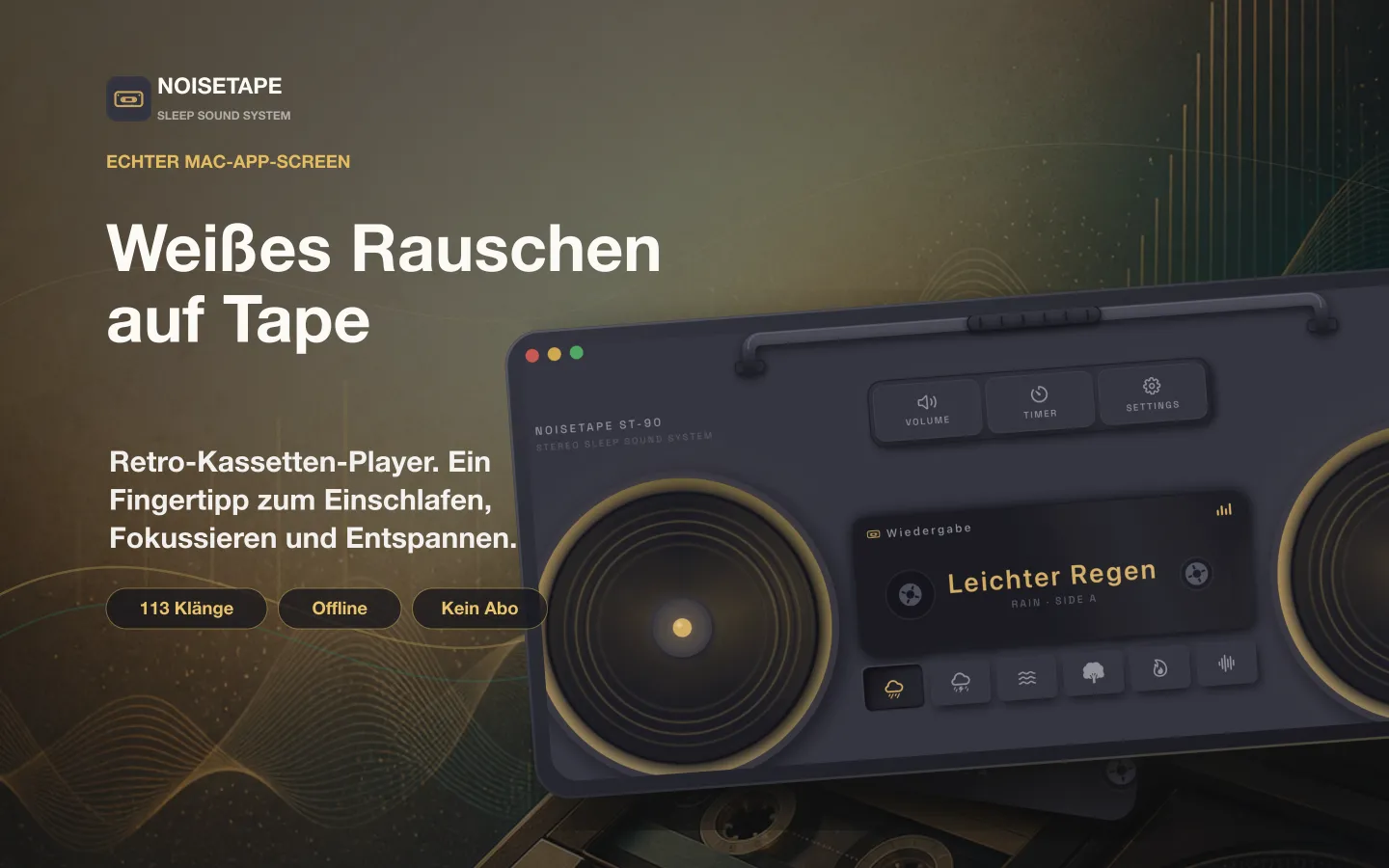 NoiseTape für Mac — ein Retro-Kassetten-Ghettoblaster auf dem Schreibtisch, der das weiße Rauschen Leichter Regen spielt