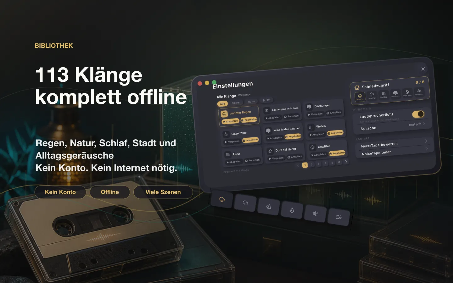 NoiseTape-Klangbibliothek auf dem Mac — 126 White-Noise- und Schlafklänge, komplett offline, kein Konto nötig