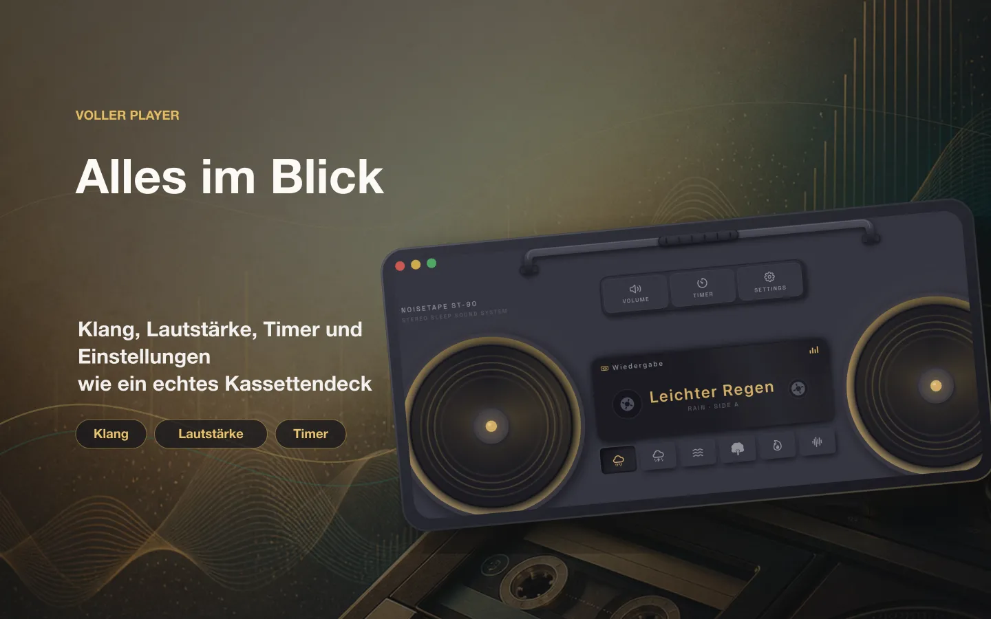 NoiseTape-Player-Fenster auf dem Mac — Klang, Lautstärke, Sleep-Timer und Einstellungen angeordnet wie bei einem echten Kassettendeck