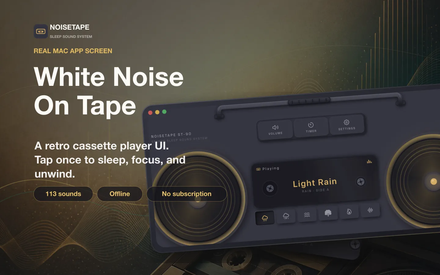 NoiseTape for Mac — a retro cassette boombox player on the desktop, playing Light Rain white noise