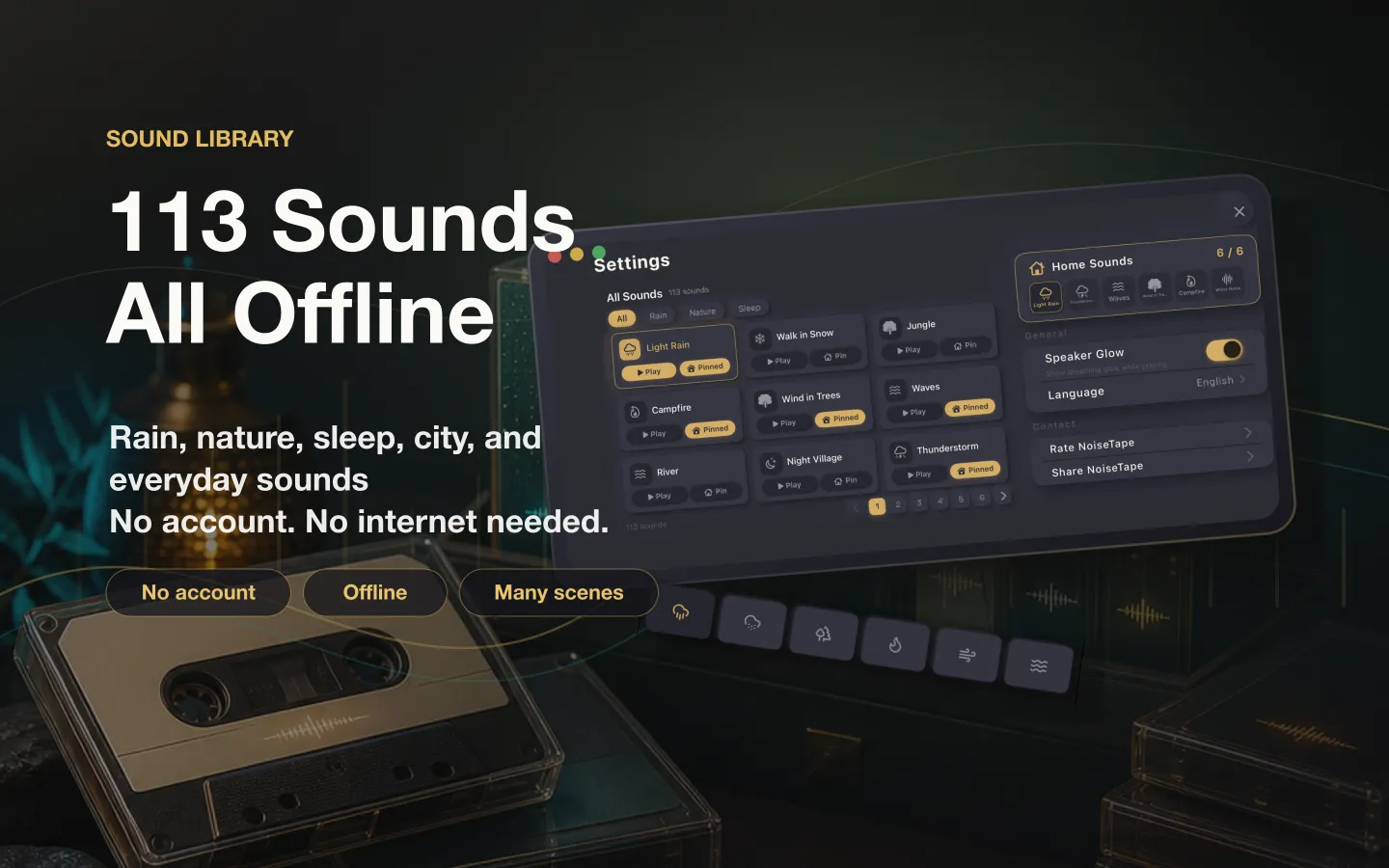 NoiseTape sound library on Mac — 126 white noise and sleep sounds, all offline, no account needed