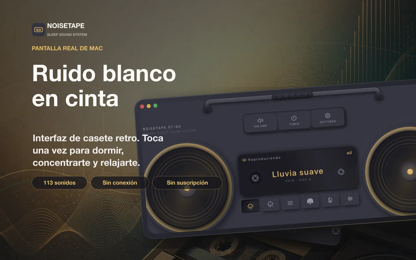 NoiseTape para Mac — un radiocasete retro en el escritorio, reproduciendo el ruido blanco Lluvia suave