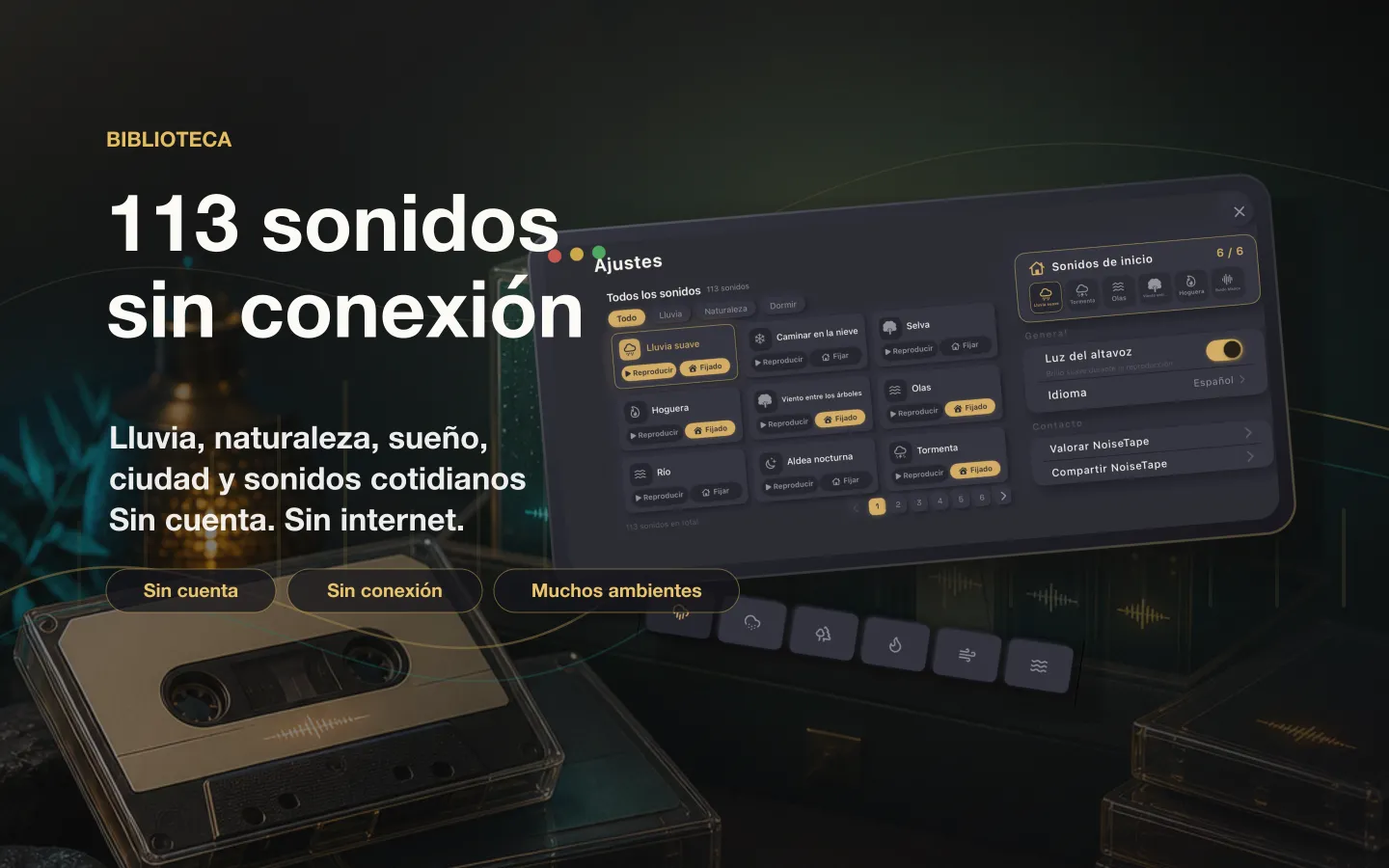 Biblioteca de sonidos de NoiseTape en el Mac — 126 sonidos de ruido blanco y para dormir, totalmente offline, sin cuenta