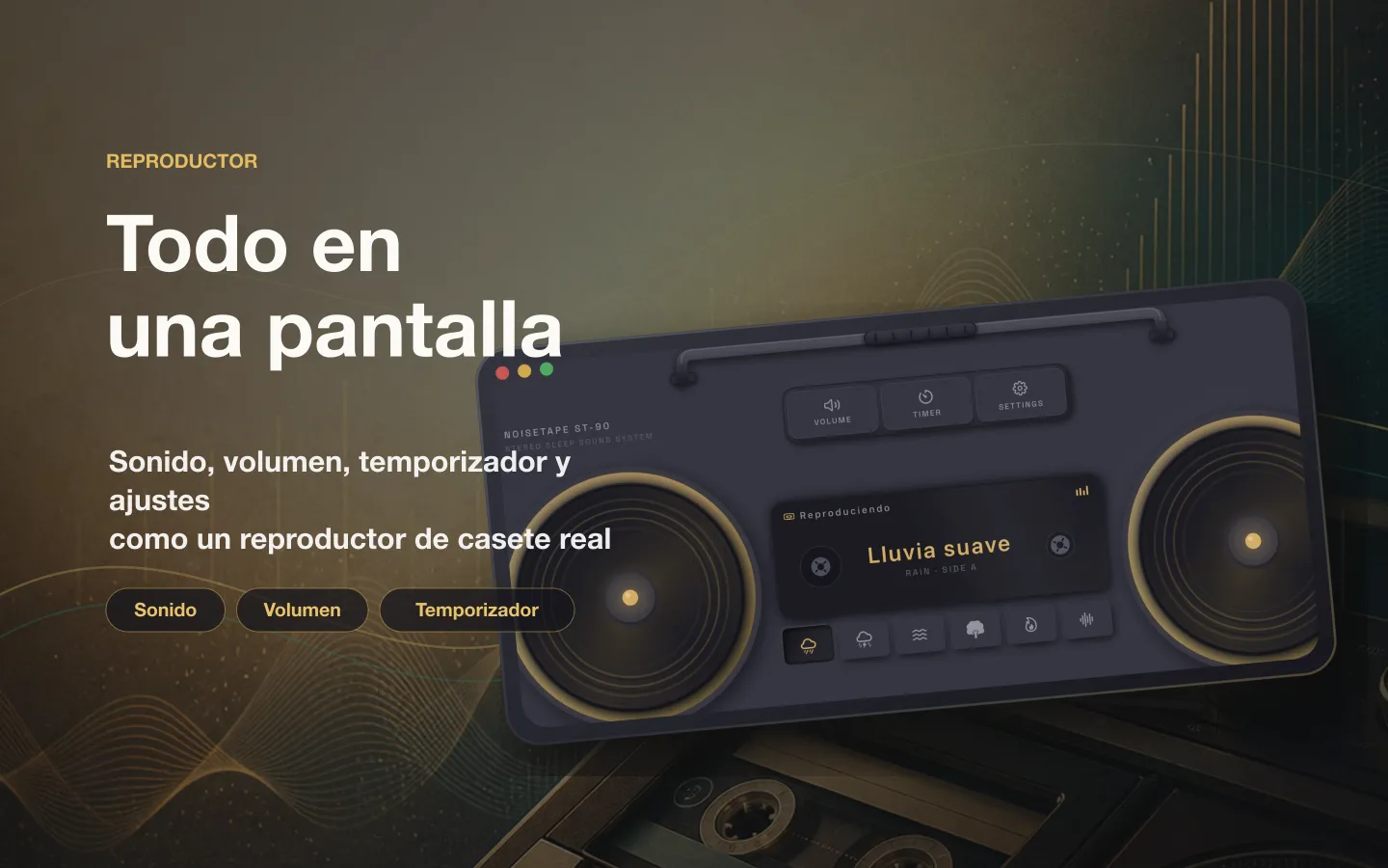 Ventana del reproductor de NoiseTape para Mac — sonido, volumen, temporizador de sueño y ajustes dispuestos como en una pletina de casete de verdad