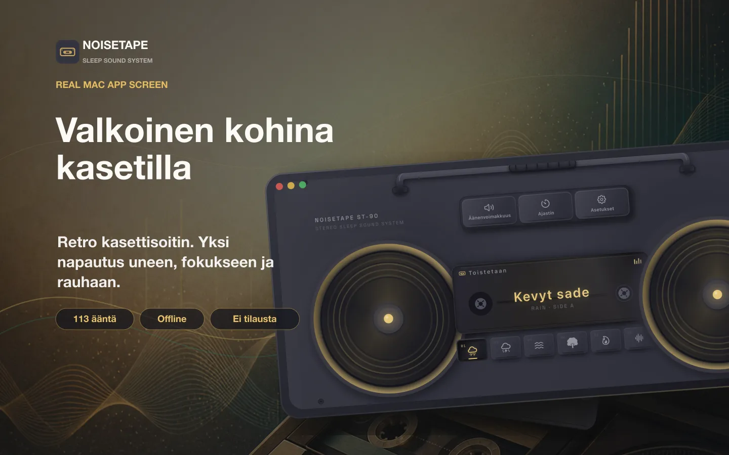 NoiseTape Macille — retrokasettiboombox työpöydällä soittamassa Kevyt sade -valkoista kohinaa
