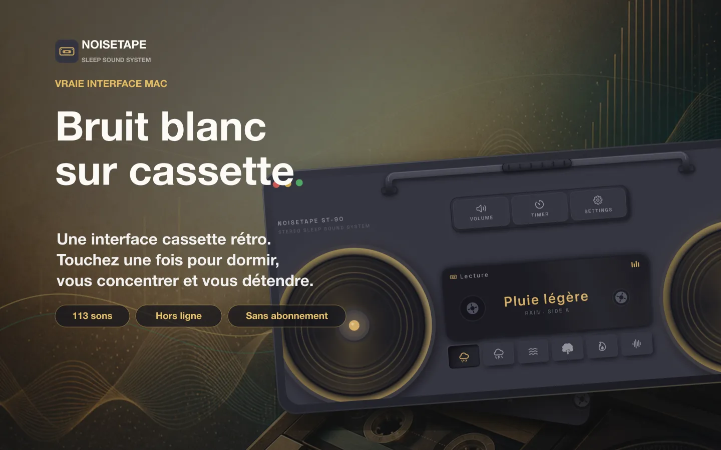 NoiseTape pour Mac — un radiocassette rétro sur le bureau, jouant le bruit blanc Pluie légère