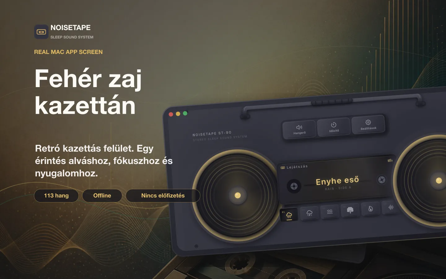NoiseTape Macre — retró kazettás boombox az asztalon, Light Rain fehér zajt játszva