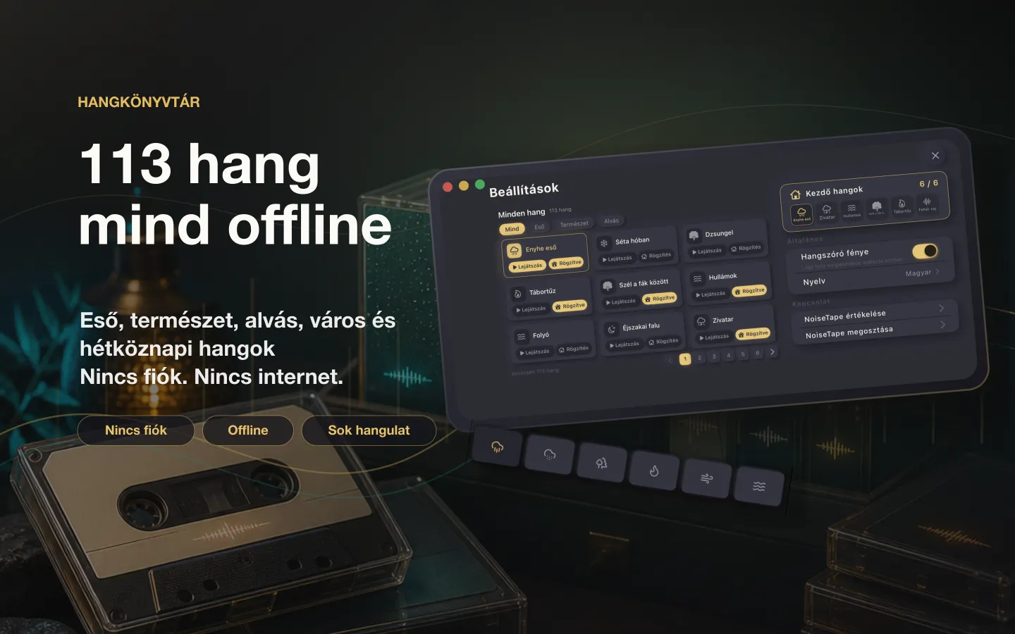 A NoiseTape hangkönyvtára Macen — 126 fehérzaj- és alvóhang, teljesen offline, fiók nélkül