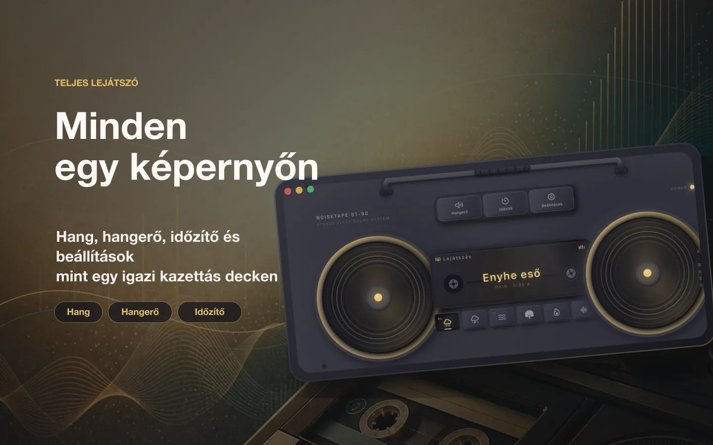 A NoiseTape Mac-lejátszóablaka — hang, hangerő, alvásidőzítő és beállítások, igazi kazettás deck módjára elrendezve