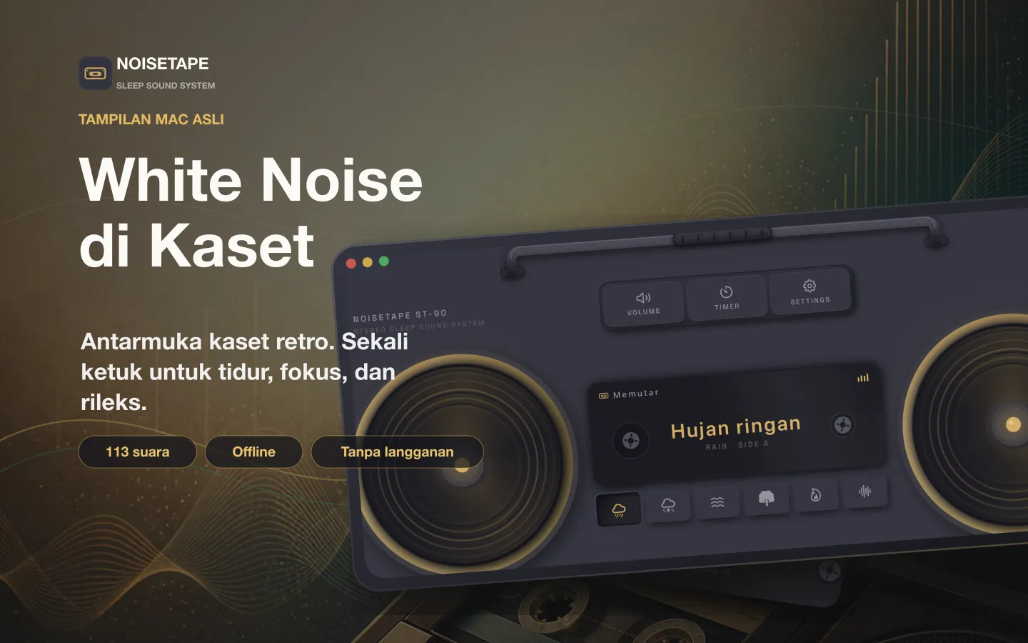 NoiseTape untuk Mac — pemutar boombox kaset retro di desktop, memutar white noise Hujan ringan