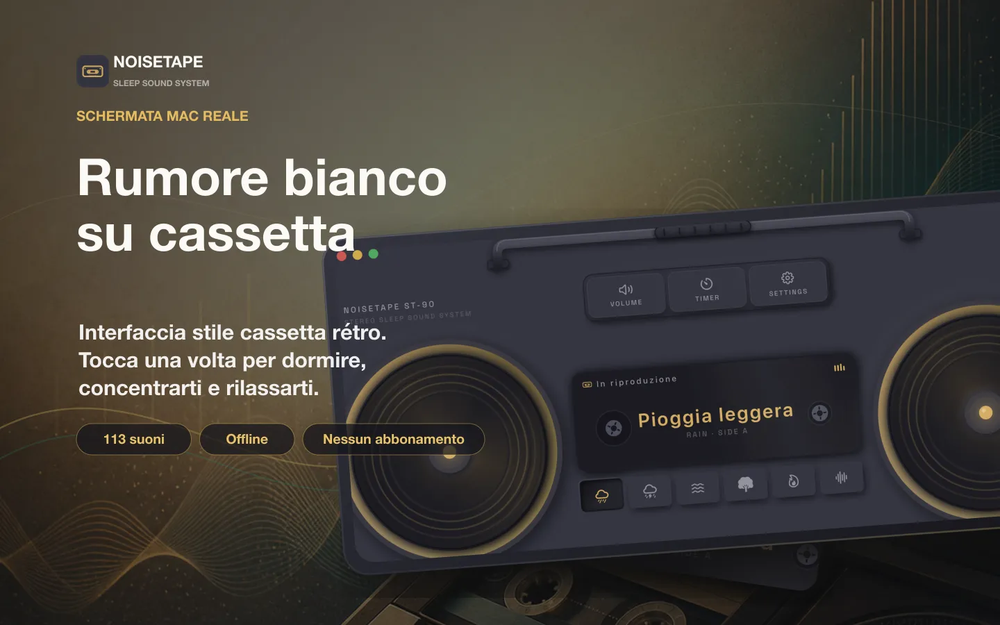 NoiseTape per Mac — un boombox rétro sulla scrivania, che riproduce il rumore bianco Pioggia leggera
