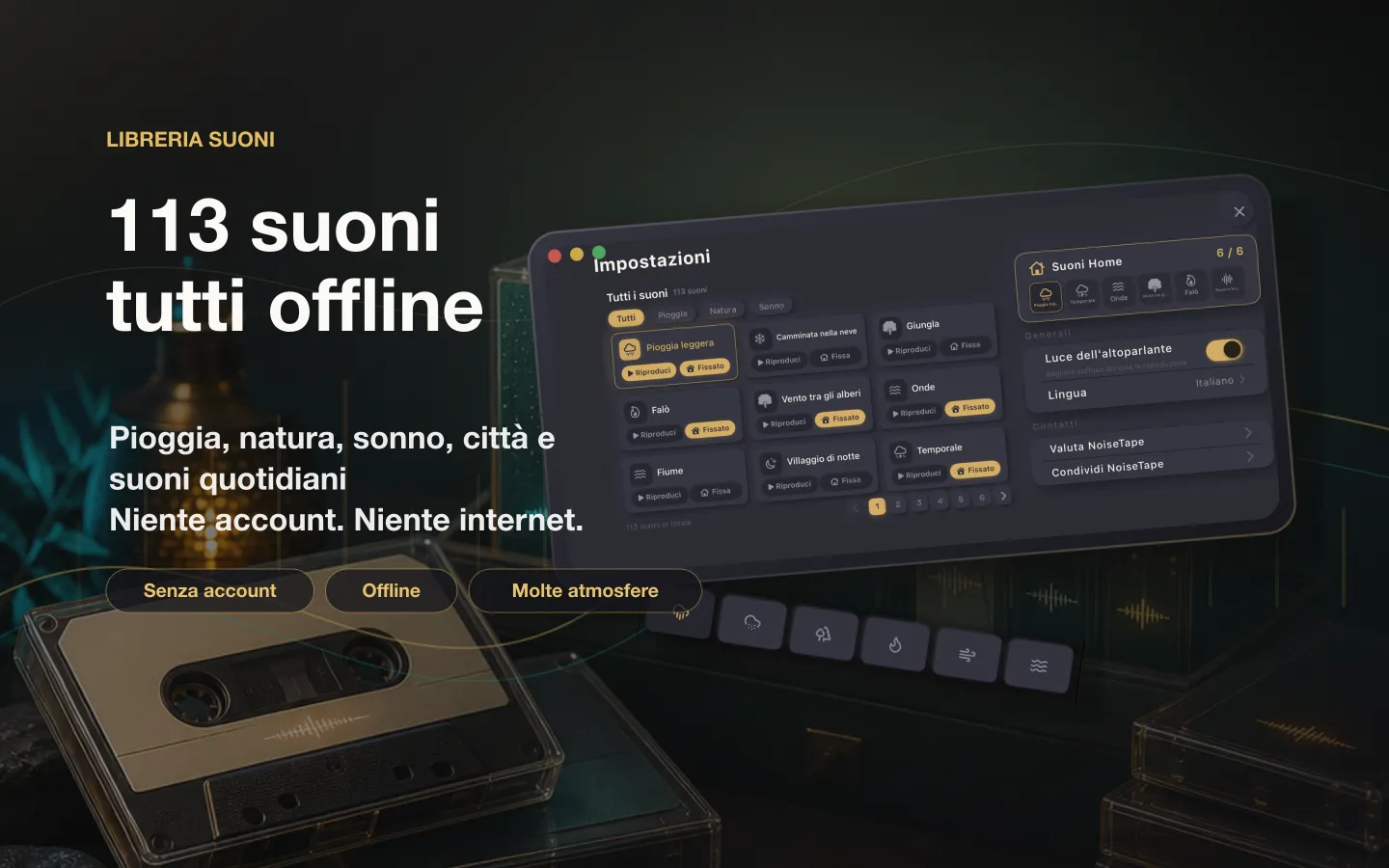 Libreria dei suoni di NoiseTape su Mac — 126 suoni di rumore bianco e per dormire, completamente offline, senza account