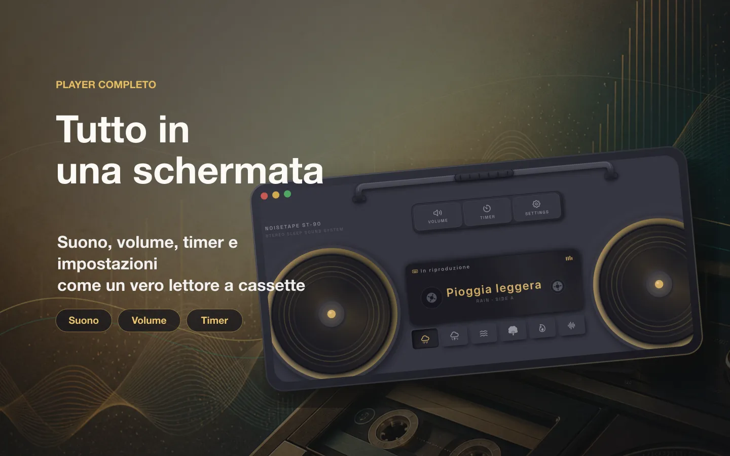 Finestra del player di NoiseTape per Mac — suono, volume, timer per il sonno e impostazioni disposti come in una vera piastra a cassette