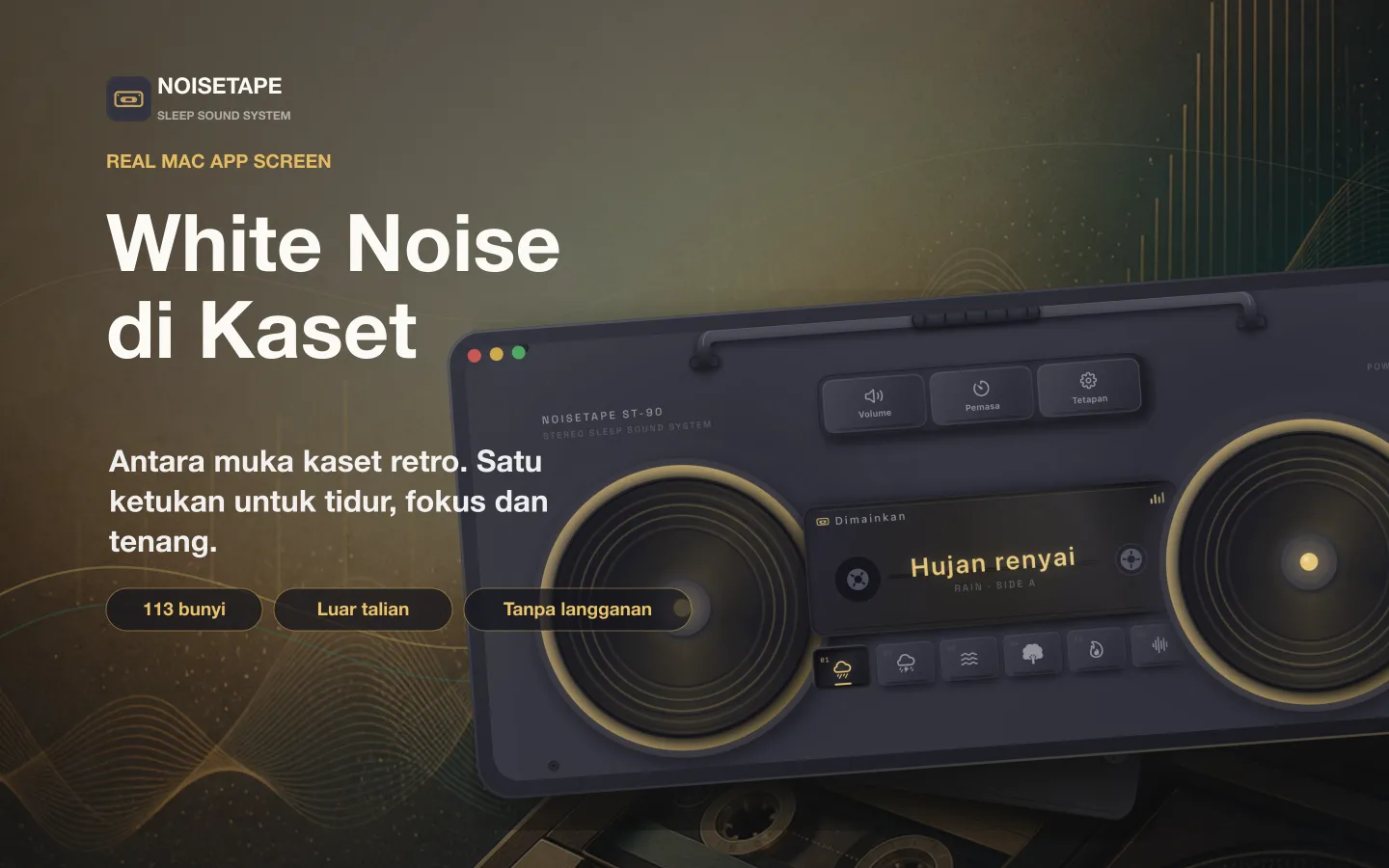 NoiseTape untuk Mac — boombox kaset retro di desktop, memainkan bunyi putih Hujan ringan