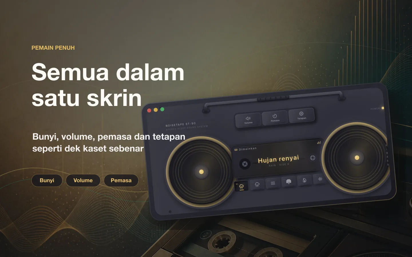 Tetingkap pemain NoiseTape di Mac — bunyi, volum, pemasa tidur dan tetapan disusun seperti dek kaset sebenar