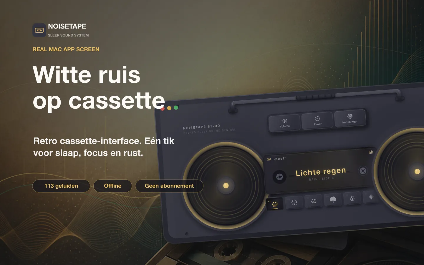 NoiseTape voor Mac — een retro cassetteboombox op het bureaublad die de witte ruis Light Rain afspeelt