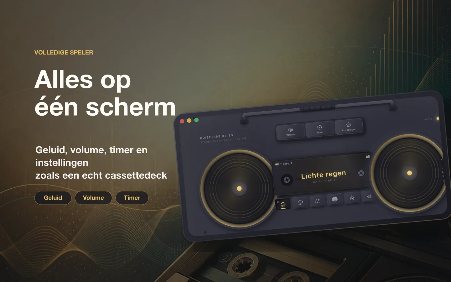 NoiseTape-spelervenster op Mac — geluid, volume, slaaptimer en instellingen ingedeeld als een echt cassettedeck