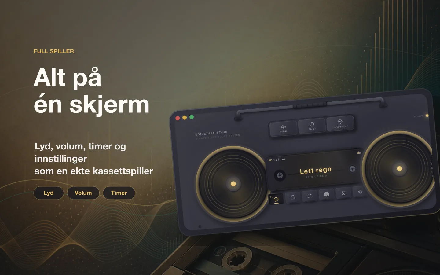 NoiseTapes spillervindu på Mac — lyd, volum, søvntimer og innstillinger lagt opp som en ekte kassettspiller