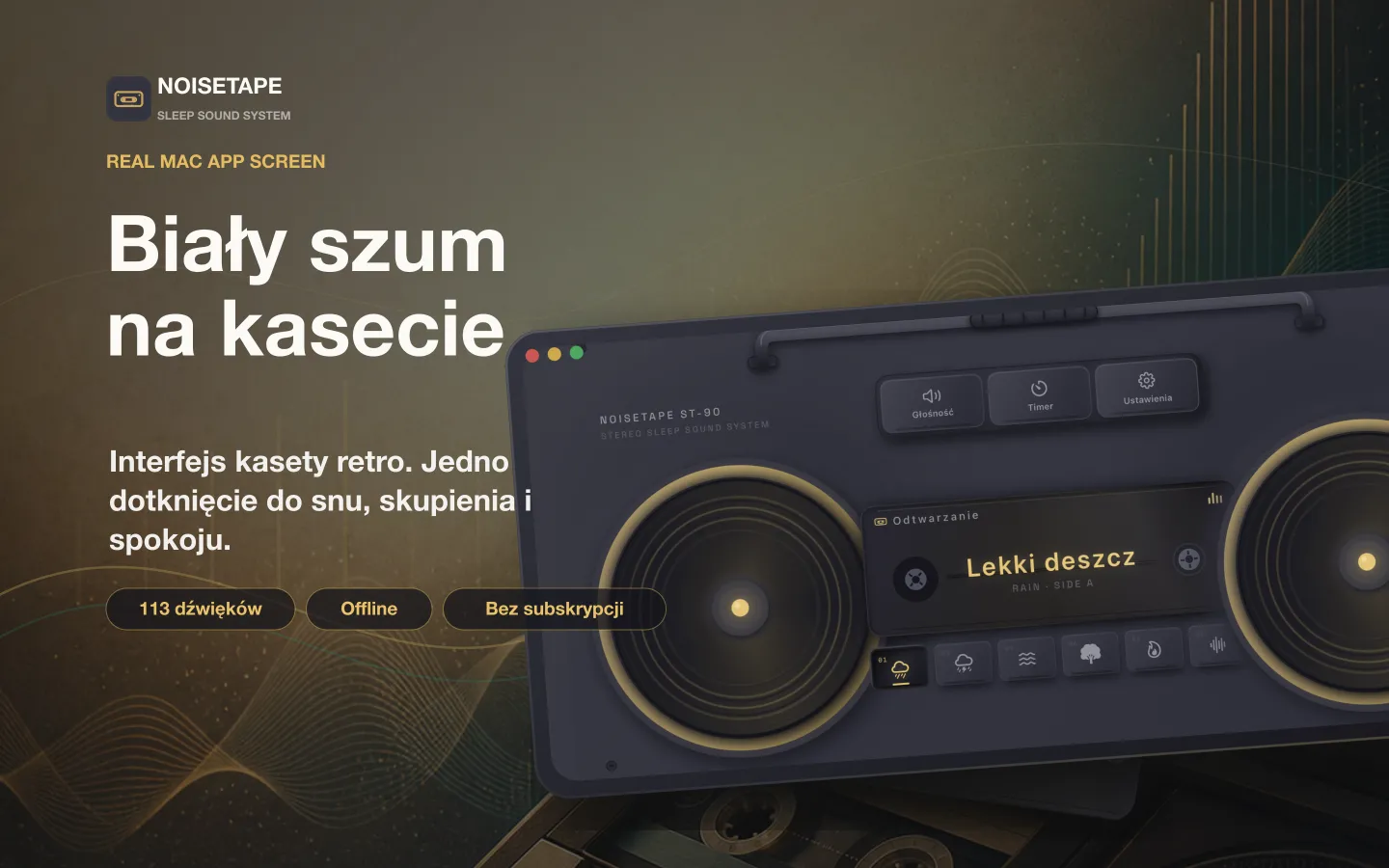 NoiseTape na Maca — retro boombox kasetowy na biurku, grający biały szum Lekki deszcz