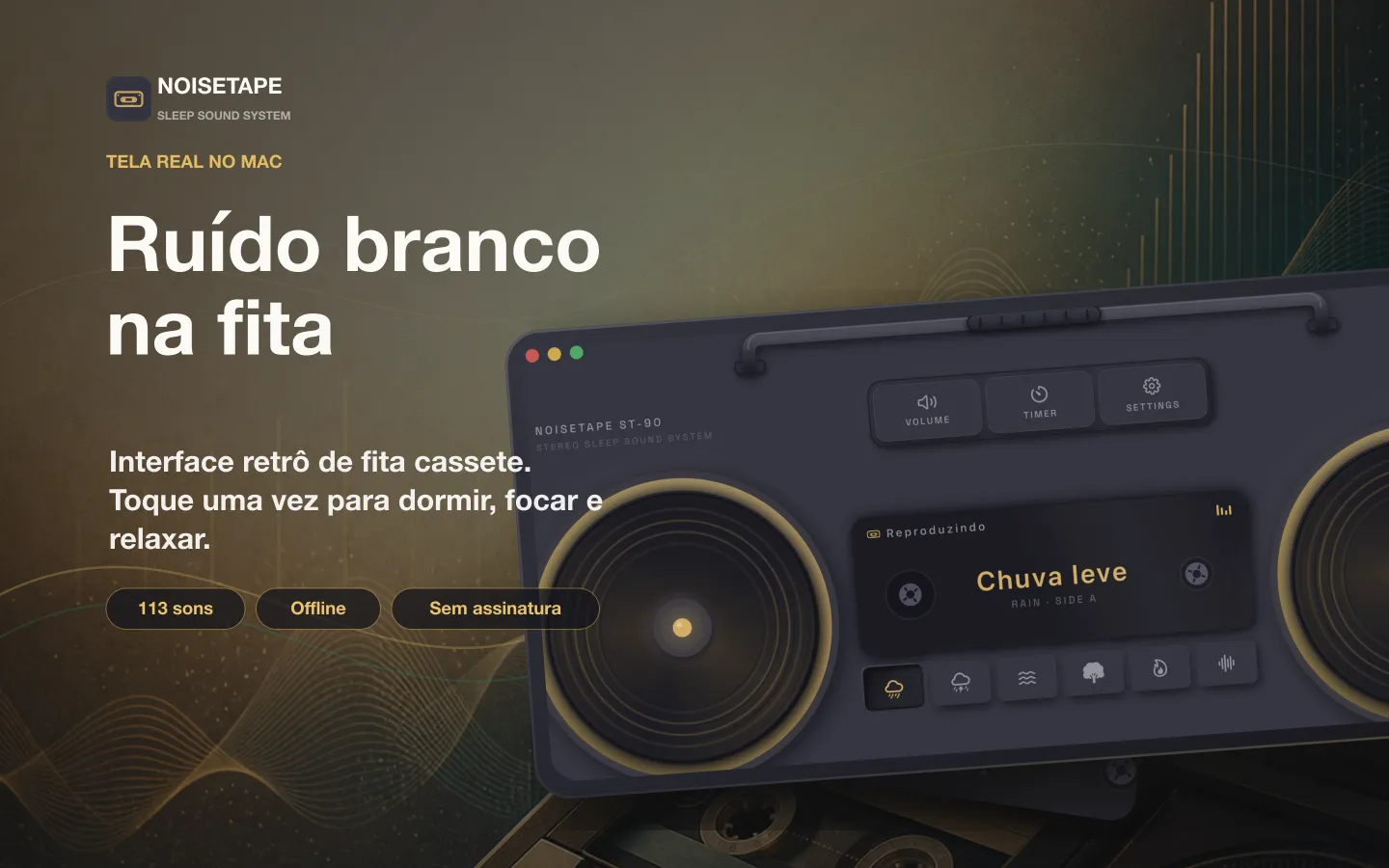 NoiseTape para Mac — um boombox retrô na mesa do computador, tocando o ruído branco Chuva leve