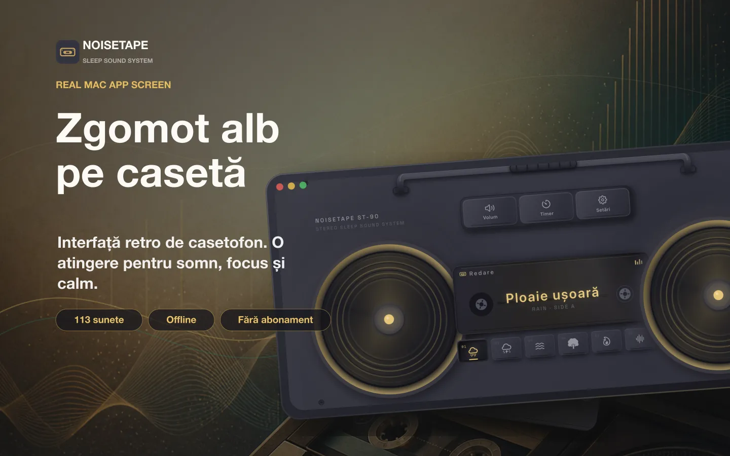 NoiseTape pentru Mac — un boombox retro pe desktop, care redă zgomotul alb Ploaie ușoară