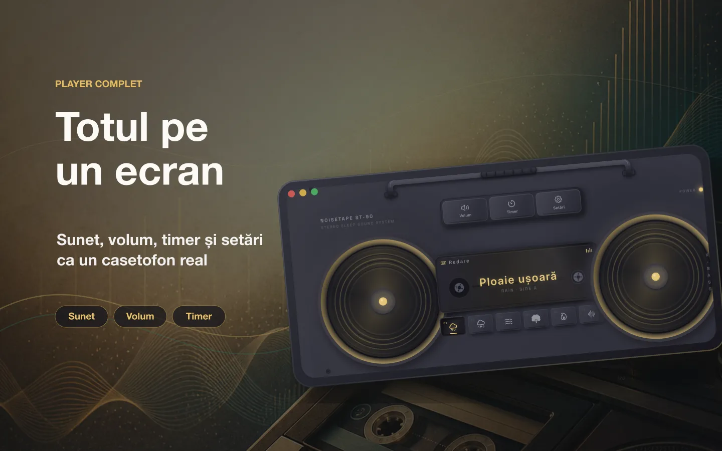 Fereastra playerului NoiseTape pentru Mac — sunet, volum, temporizator de somn și setări aranjate ca pe un casetofon adevărat