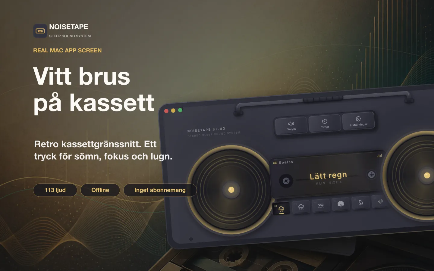 NoiseTape för Mac — en retro kassettboombox på skrivbordet som spelar det vita bruset Light Rain