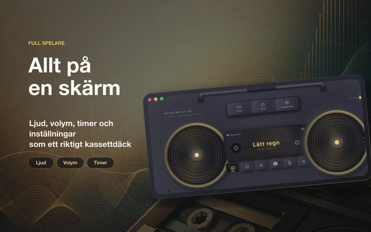 NoiseTapes spelarfönster på Mac — ljud, volym, sömntimer och inställningar upplagda som ett riktigt kassettdäck