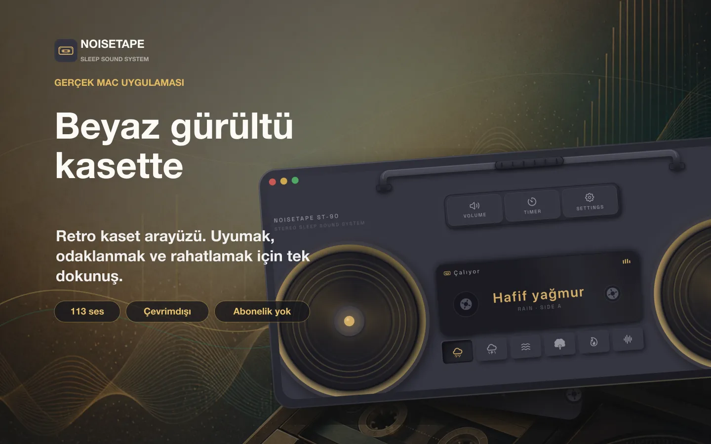 Mac için NoiseTape — masaüstünde Hafif yağmur beyaz gürültüsü çalan retro bir kaset müzik seti
