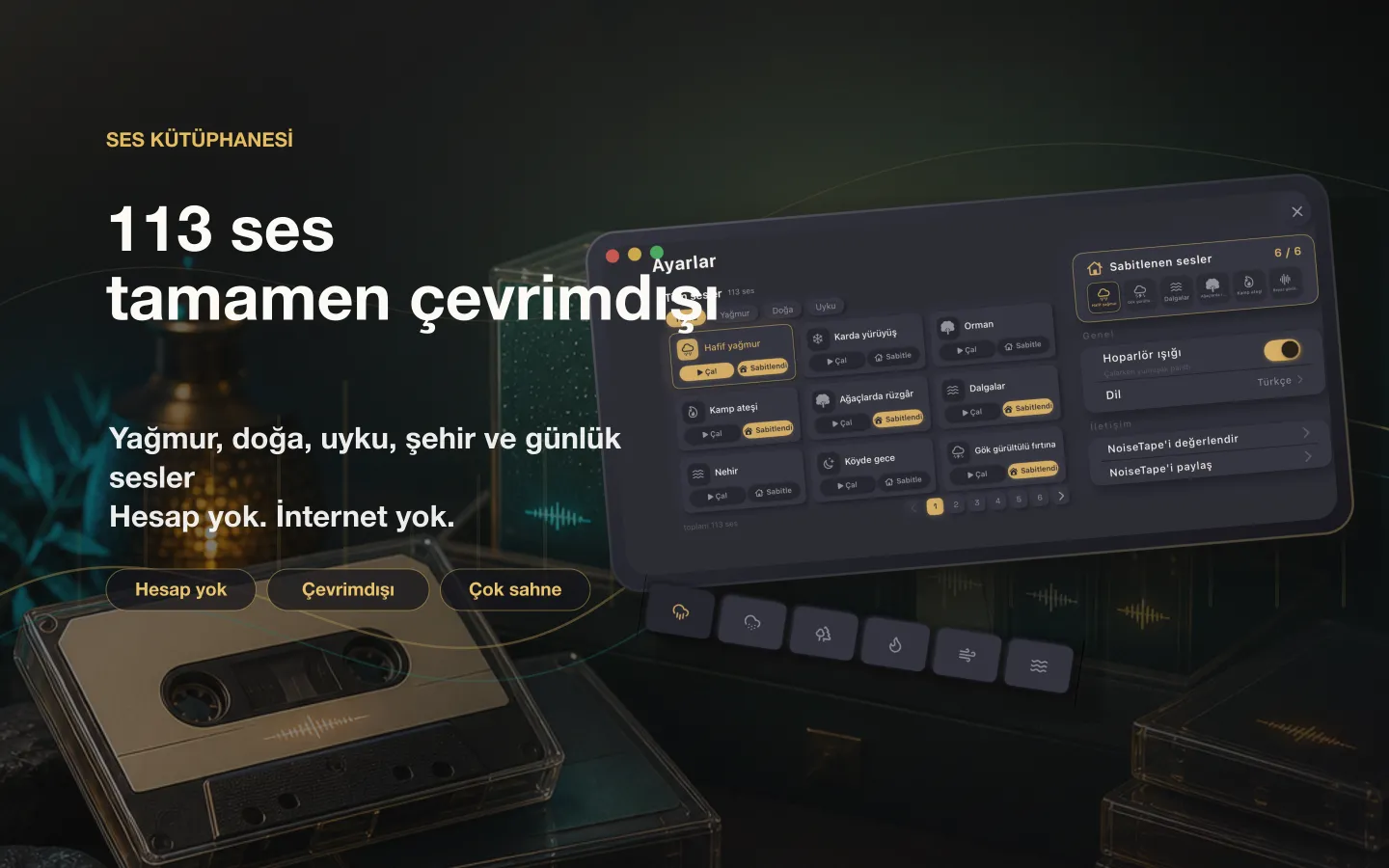 Mac'te NoiseTape ses kitaplığı — 126 beyaz gürültü ve uyku sesi, tamamen çevrimdışı, hesap gerekmez