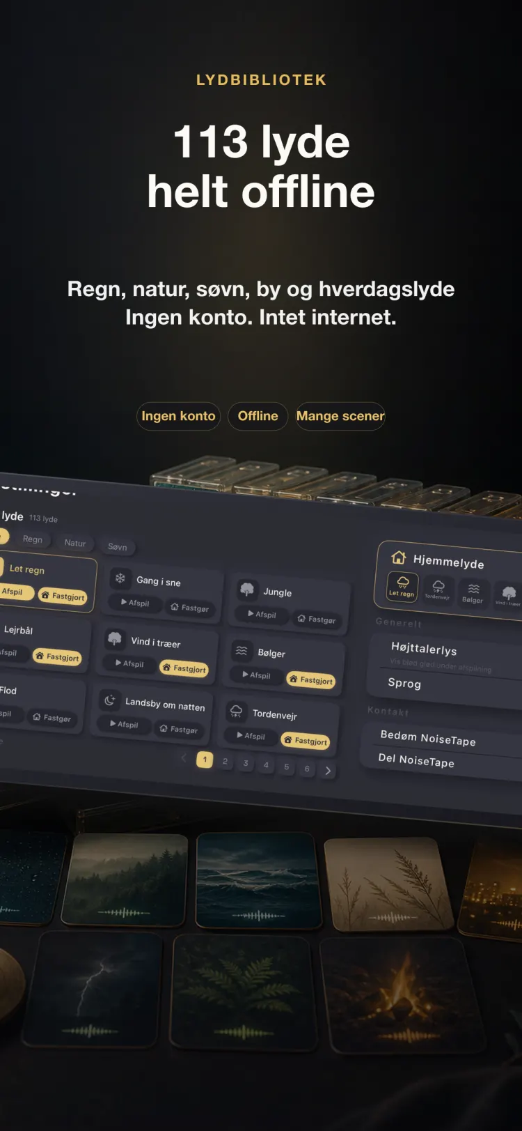 NoiseTapes lydbibliotek på iPhone — 126 lyde med hvid støj og søvnlyde, helt offline, ingen konto nødvendig