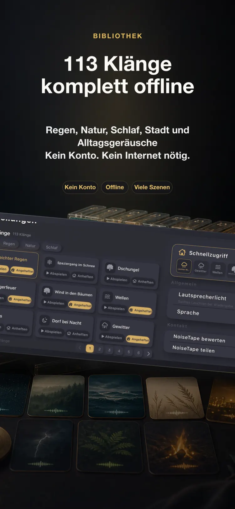 NoiseTape-Klangbibliothek auf dem iPhone — 126 White-Noise- und Schlafklänge, komplett offline, kein Konto nötig