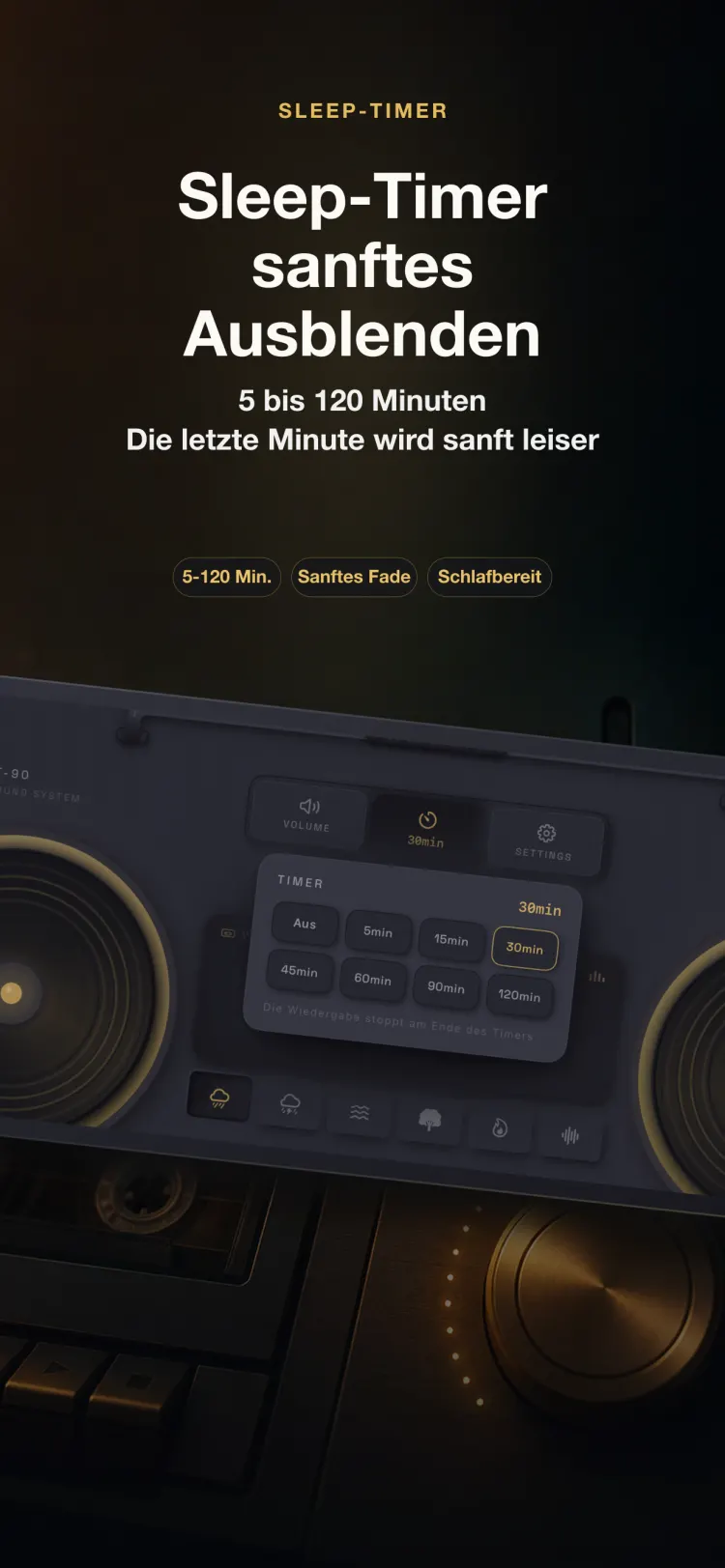 NoiseTape-Sleep-Timer auf dem iPhone — 5 bis 120 Minuten, sanft ausblendend über die letzte Minute