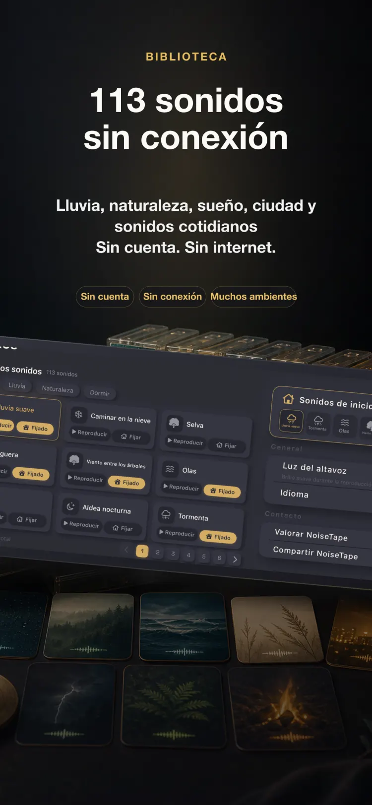 Biblioteca de sonidos de NoiseTape en iPhone — 126 sonidos de ruido blanco y para dormir, totalmente offline, sin cuenta