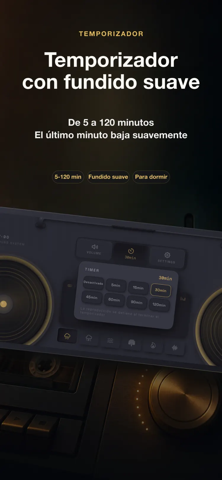 Temporizador de sueño de NoiseTape en iPhone — de 5 a 120 minutos, desvaneciéndose suavemente durante el último minuto