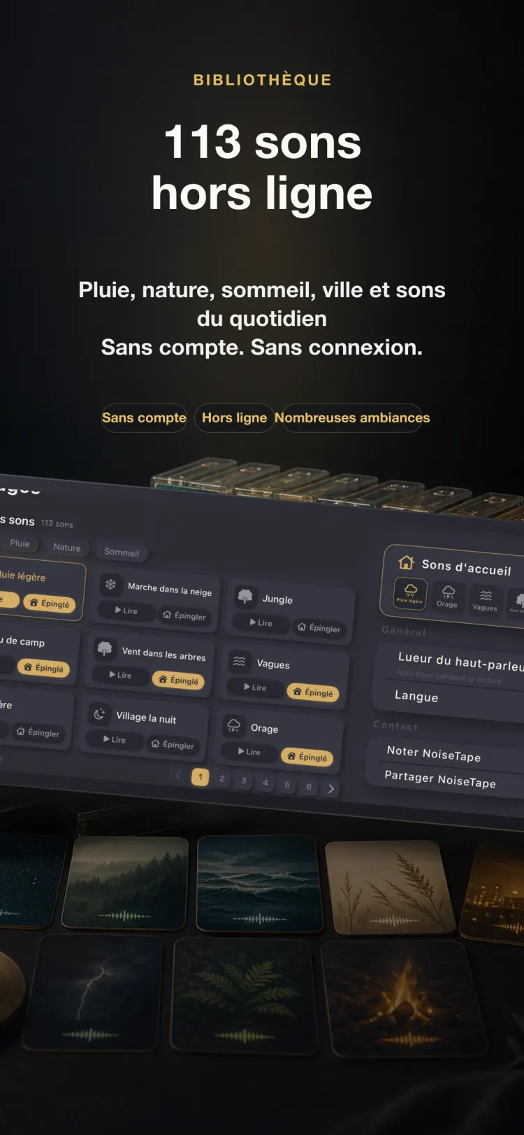 Bibliothèque de sons NoiseTape sur iPhone — 126 sons de bruit blanc et pour dormir, entièrement hors ligne, sans compte