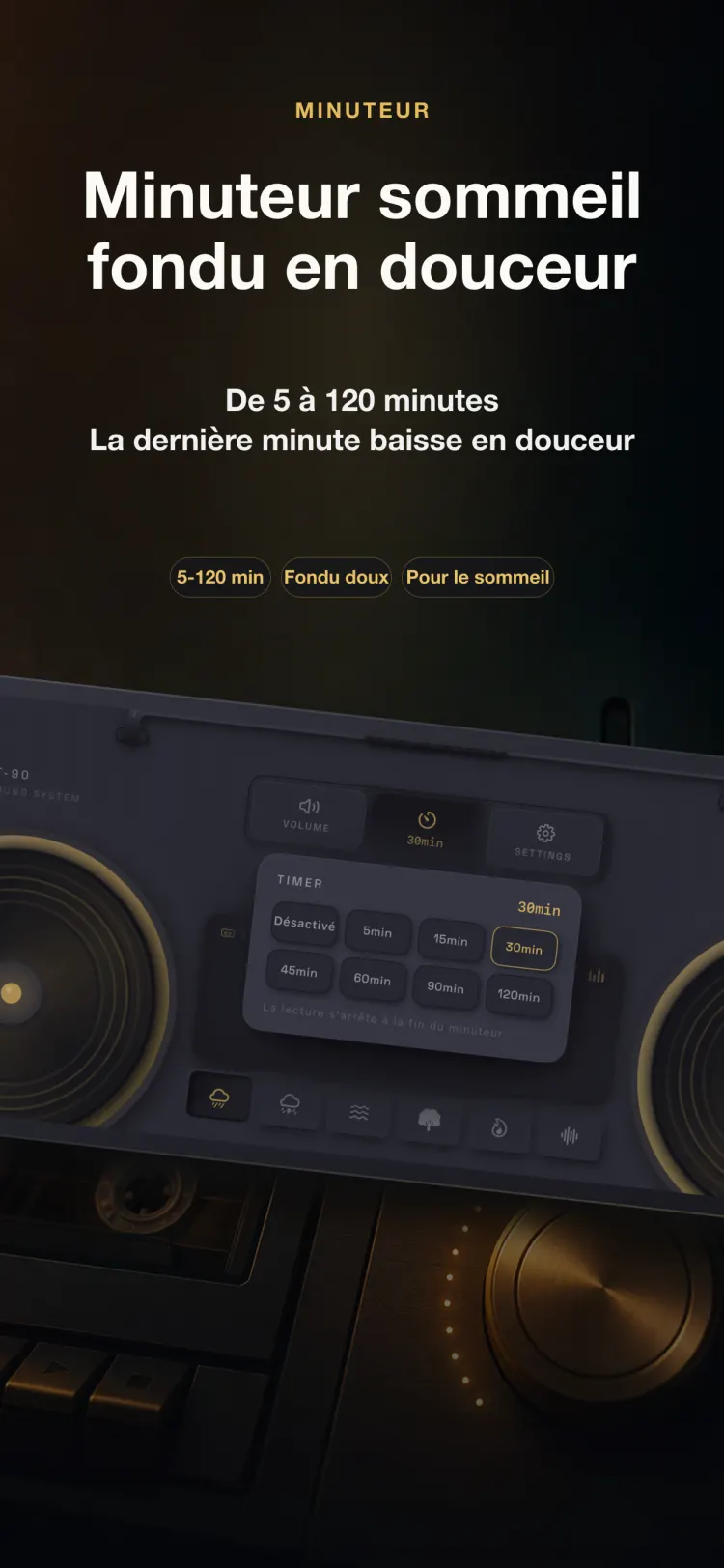 Minuteur de sommeil NoiseTape sur iPhone — de 5 à 120 minutes, s'estompant en douceur pendant la dernière minute