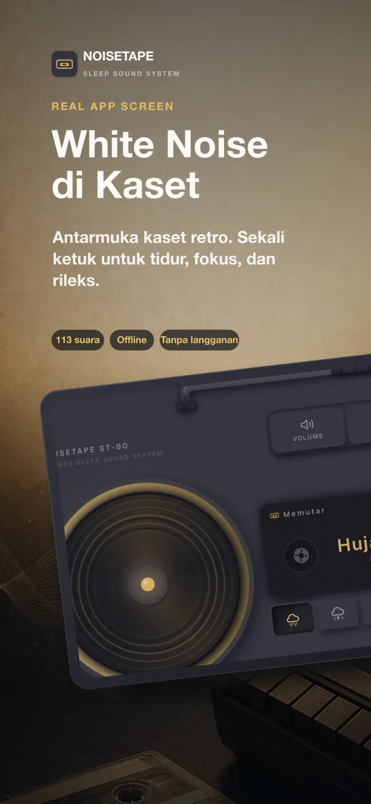 Pemutar NoiseTape di iPhone — boombox kaset retro yang memutar Hujan ringan, dengan tombol mekanis volume, timer, dan pengaturan