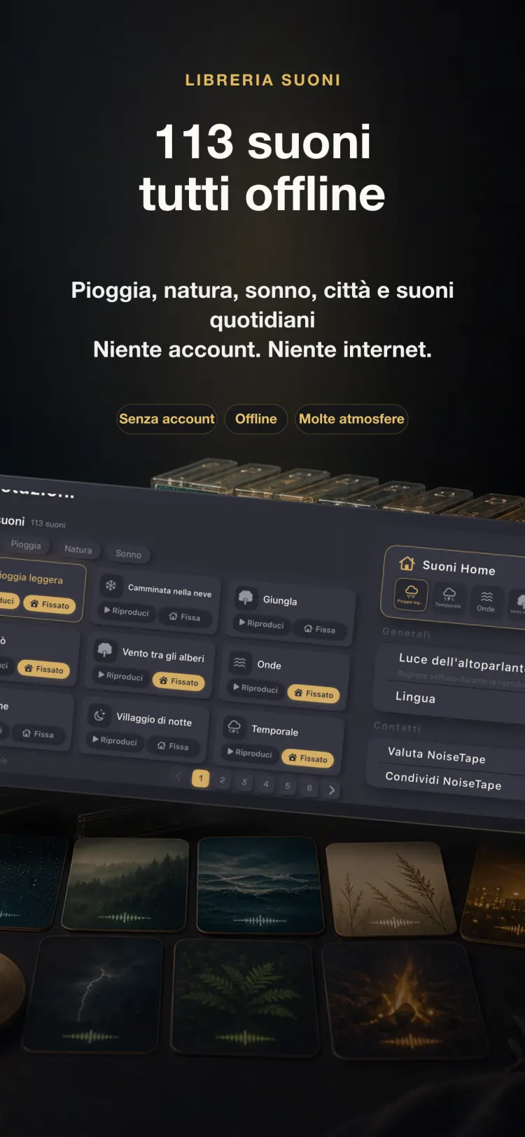Libreria dei suoni di NoiseTape su iPhone — 126 suoni di rumore bianco e per dormire, completamente offline, senza account
