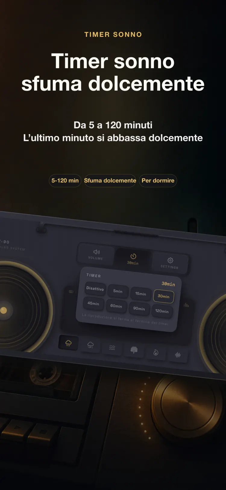 Timer per il sonno di NoiseTape su iPhone — da 5 a 120 minuti, con una dissolvenza dolce nell'ultimo minuto