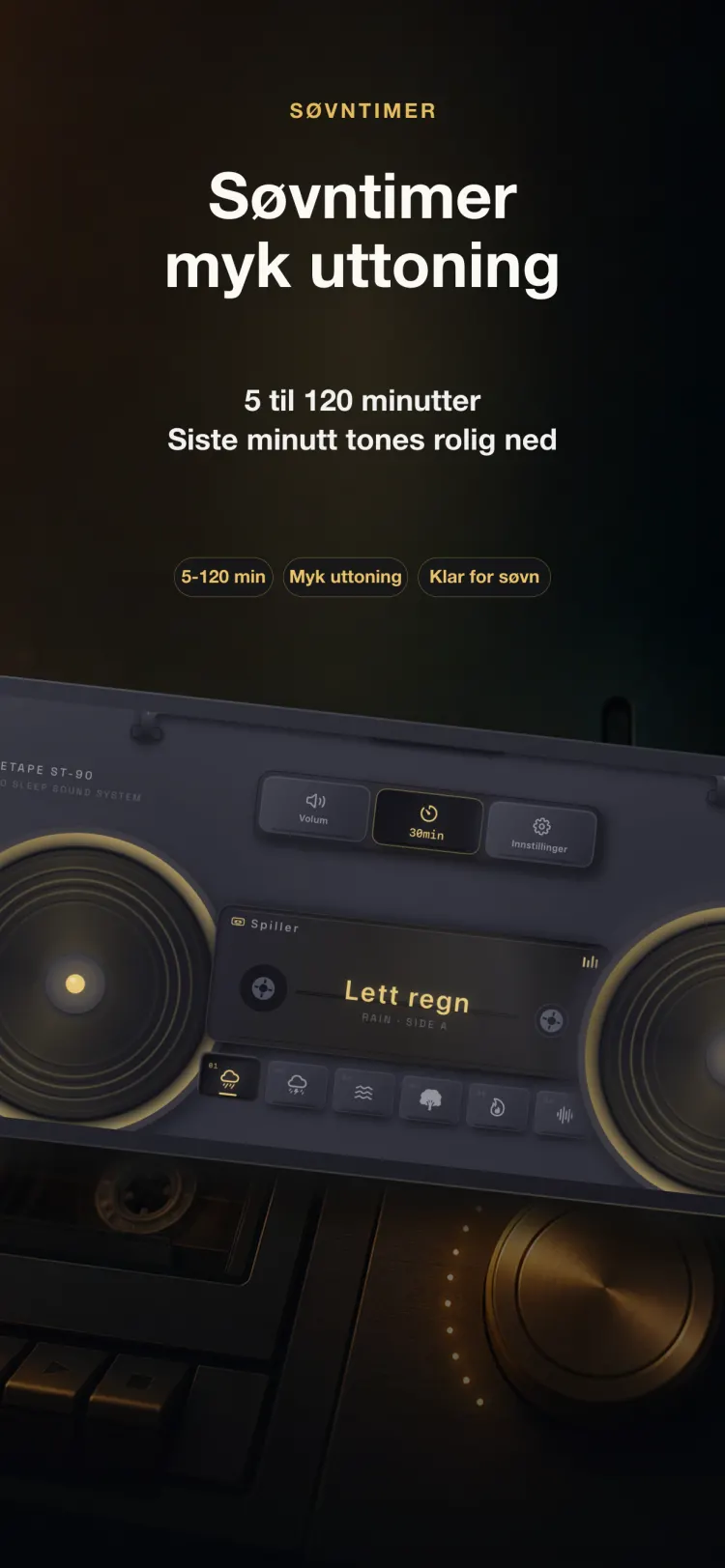 NoiseTapes søvntimer på iPhone — 5 til 120 minutter, fader mykt ut det siste minuttet