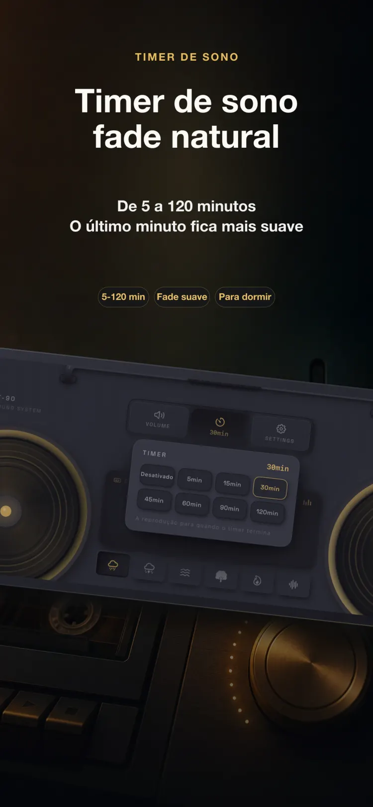 Timer de sono do NoiseTape no iPhone — de 5 a 120 minutos, esmaecendo suavemente no último minuto
