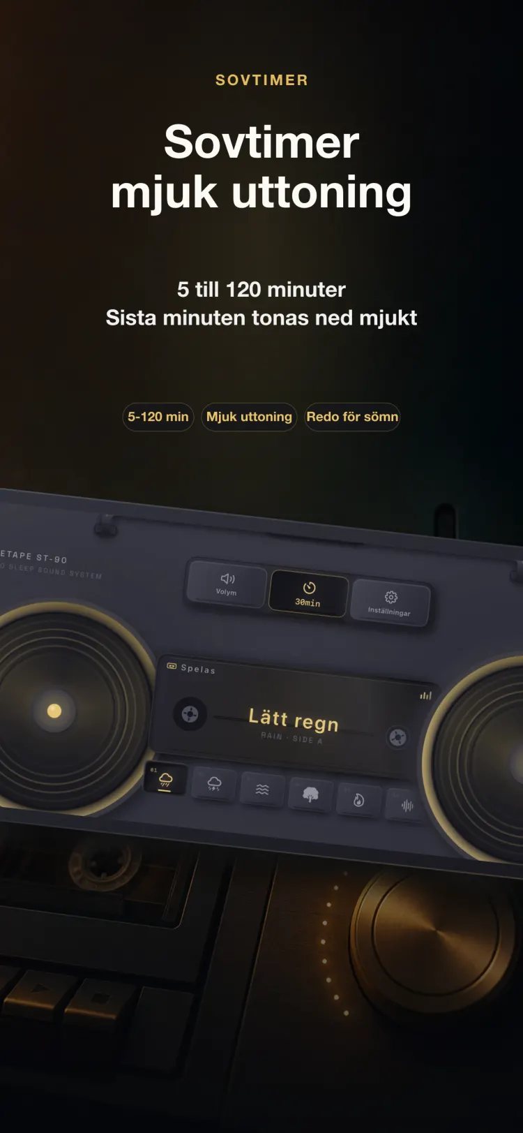 NoiseTapes sömntimer på iPhone — 5 till 120 minuter, tonar mjukt ut under sista minuten