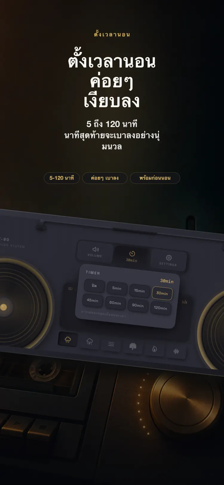 ตัวตั้งเวลานอนของ NoiseTape บน iPhone — เลือกได้ 5 ถึง 120 นาที ค่อย ๆ เบาลงอย่างนุ่มนวลในนาทีสุดท้าย