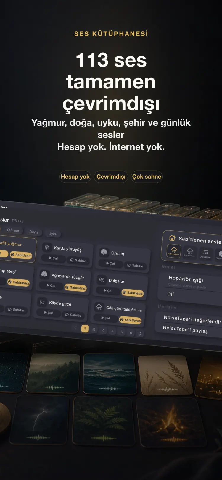 iPhone'da NoiseTape ses kitaplığı — 126 beyaz gürültü ve uyku sesi, tamamen çevrimdışı, hesap gerekmez