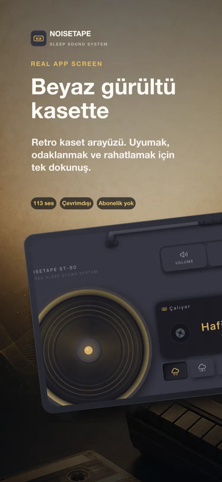iPhone'da NoiseTape çalar — Hafif yağmur çalan retro bir kaset müzik seti, ses, zamanlayıcı ve ayarlar için mekanik tuşlarıyla