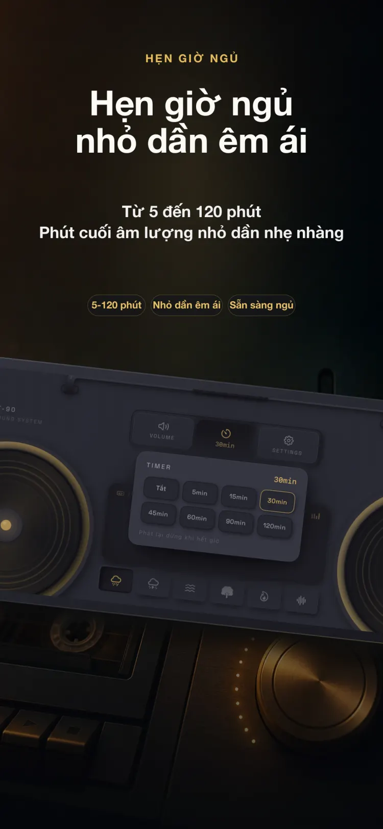 Hẹn giờ ngủ của NoiseTape trên iPhone — 5 đến 120 phút, nhỏ dần êm ái trong phút cuối